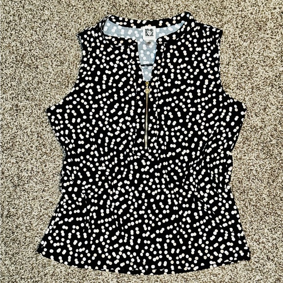 NWOT! Anne Klein Black Sleeveless Pintuck Popover Top w/ White & Peach Dots - Picture 4 of 12